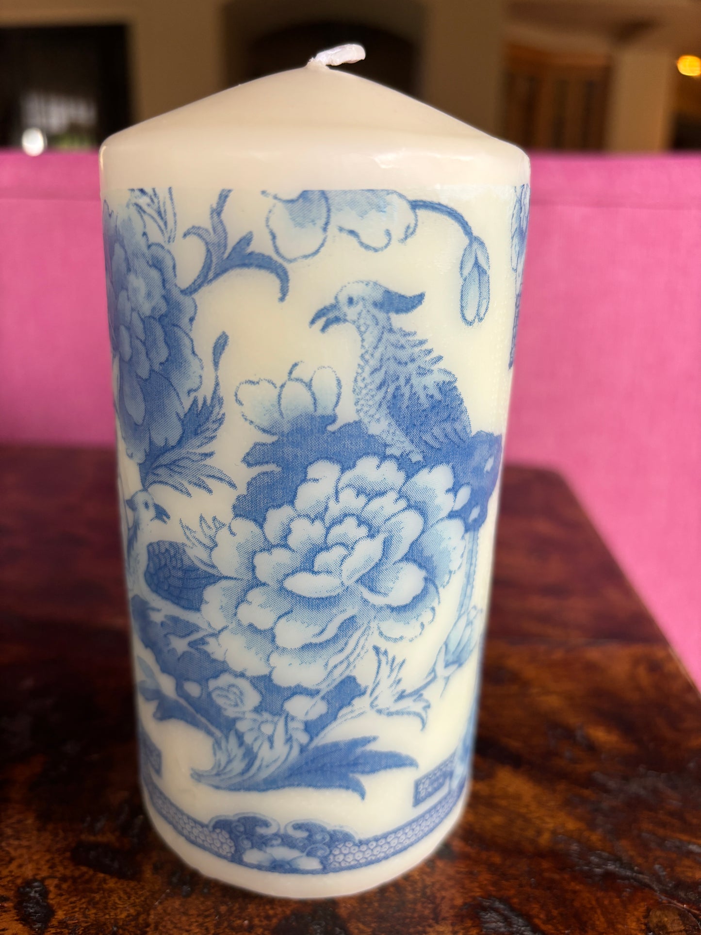 Blue Toile 3x6 Pillar Candle